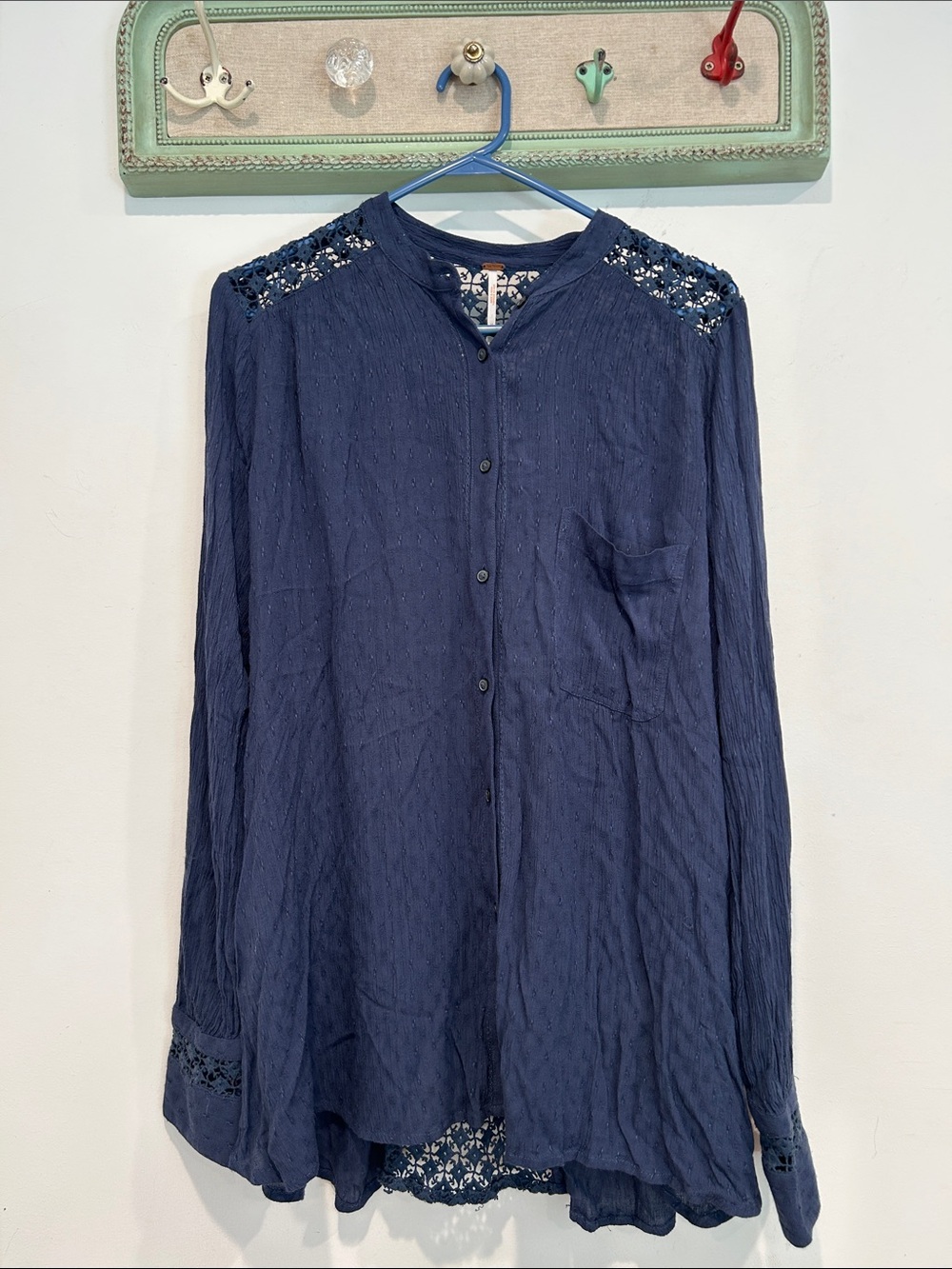 Free People Revolve Navy Textured Button-Down Shirt Lace Shoulders medium
